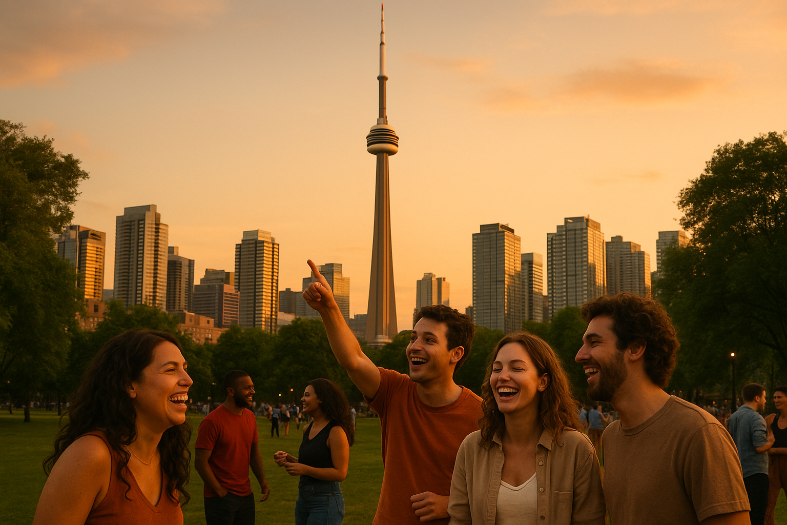 On an evening, people are laughing and smiling. CN Tower is fully visible, along with buildings and greenery nearby.
